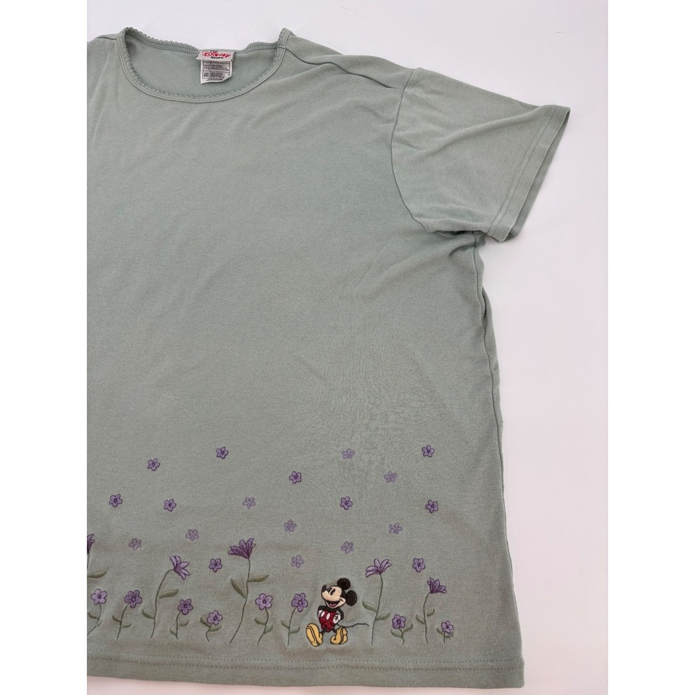 Vintage Disney Store Mickey Mouse Floral Embroidered Sage Green T-Shirt XXL